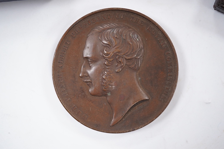 British commemorative medals, James Watt bronze medal, c.1826, 62.3mm, by T. and A.J. Stothard, cased, Wellington created Earl bronze medal, Parliamentary tribute 1812, by T Webb, two Exhibition of the Works of Industry